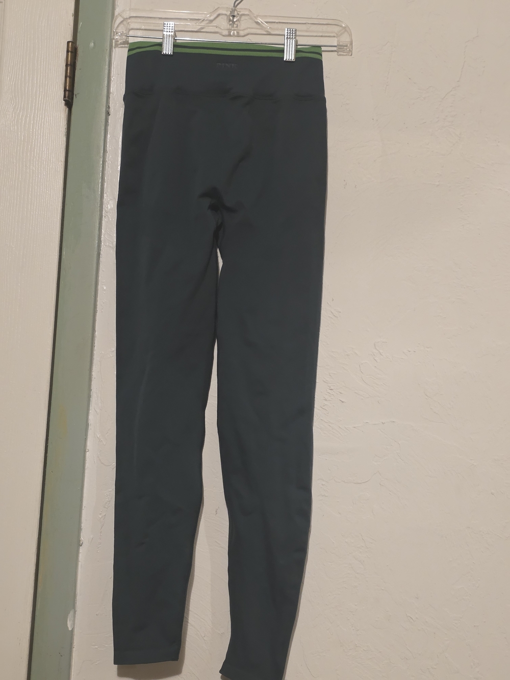 PINK Victoria's Secret Dark Green Leggings with Lime Stripe Waistband